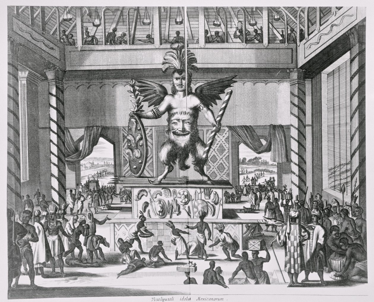 Mexikanska guden Huitzilopochtli, från "Montanus den nya och okända världen", 1671 av Jacob van Meurs