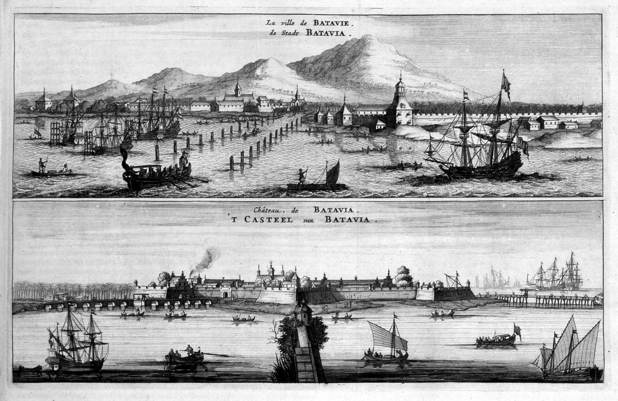 Utsikt över staden, hamnen och slottet i Batavia - i "" Ambassad för Östkompaniet i Förenade provinserna mot kejsaren av Kina eller Grand Cam of Tartaria "" av Pierre de Goyer och Jacob de Keyser, Leiden av Jacob van Meurs
