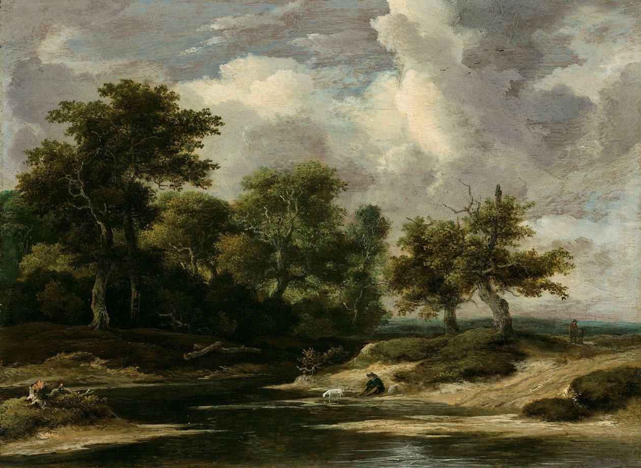 Ett trädbevuxet flodlandskap med en resenär och en hund av Jacob van Ruisdael