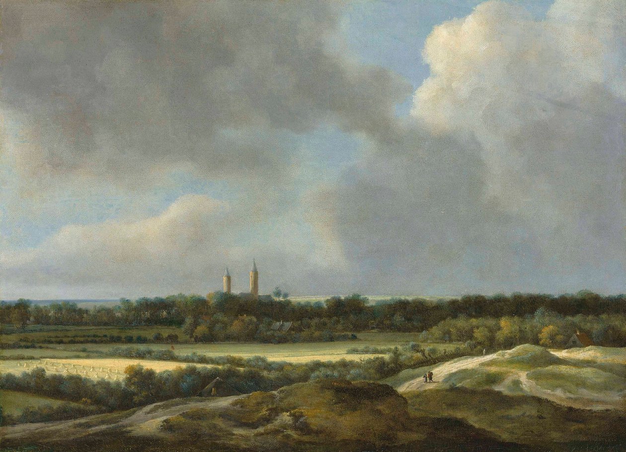 Ett vidsträckt landskap med sädesfält, Heemstede bortom av Jacob van Ruisdael