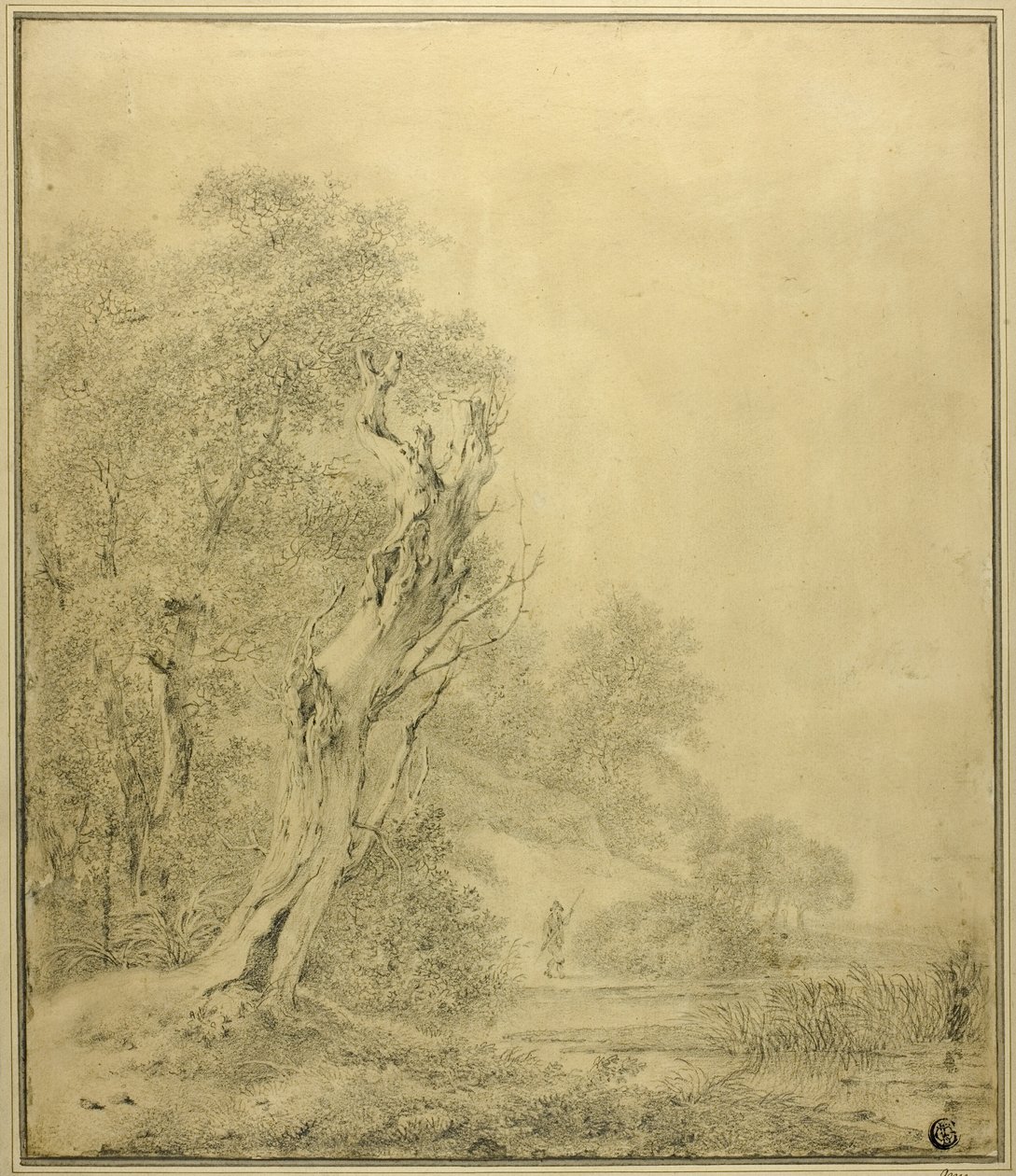 Dött träd vid vattenbrynet, figur närmar sig med påle av Jacob van Ruisdael