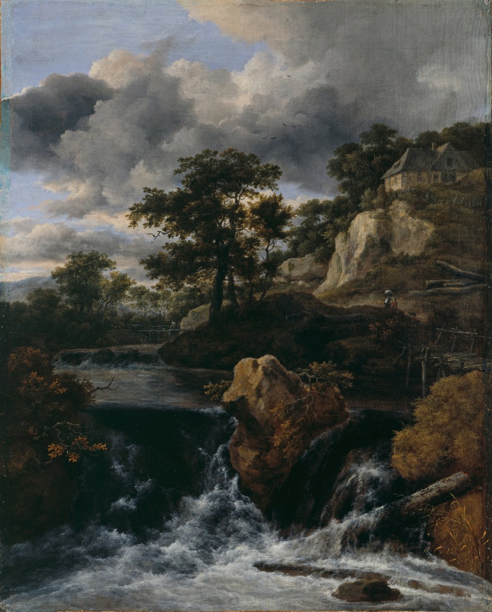 Kuperat landskap med ett vattenfall av Jacob van Ruisdael