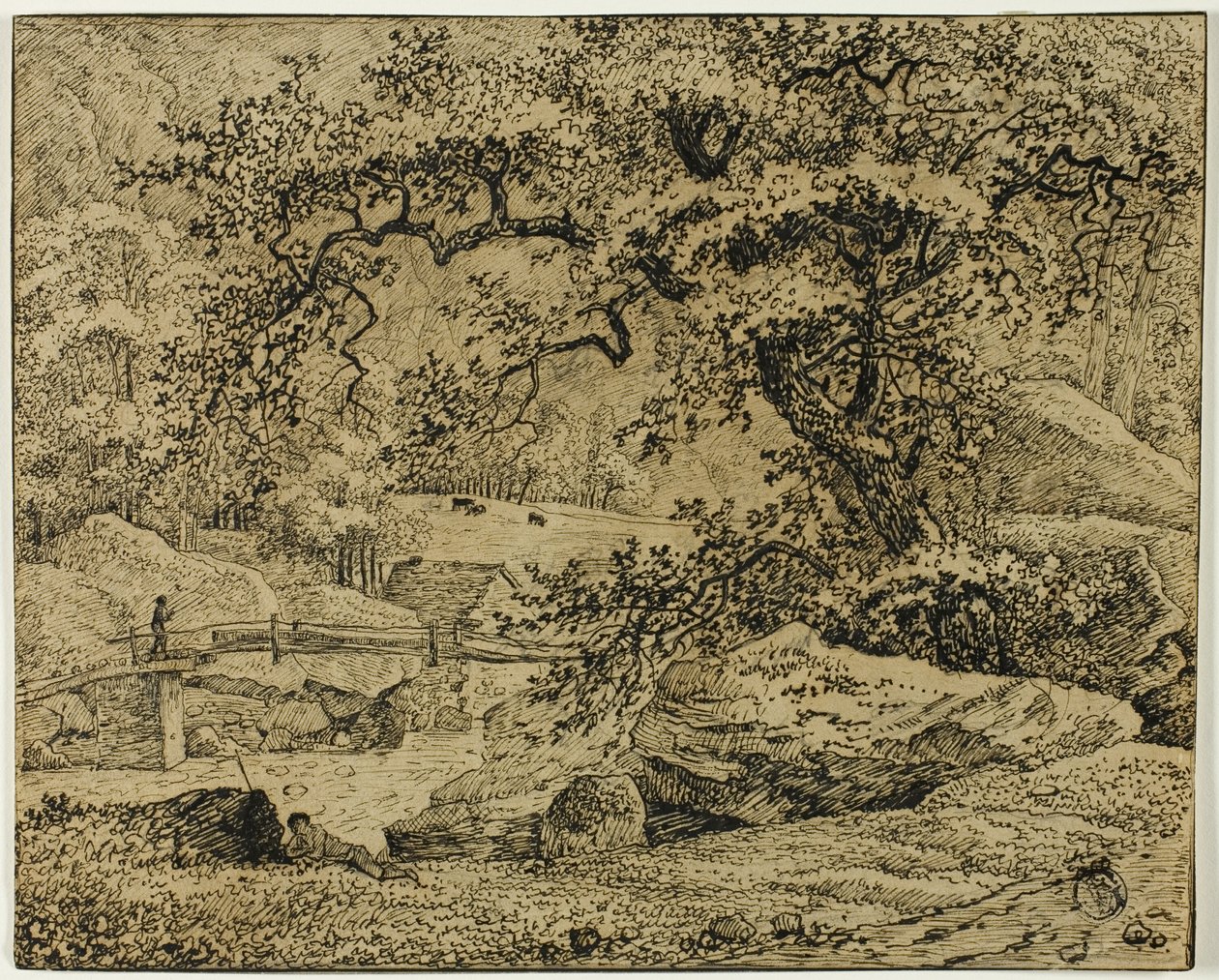 Landskap med figur som vilar under träd vid bäck av Jacob van Ruisdael