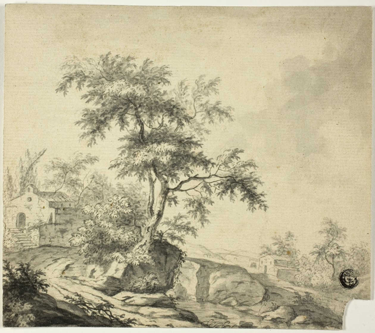 Landskap med träd på väg till byggnader av Jacob van Ruisdael