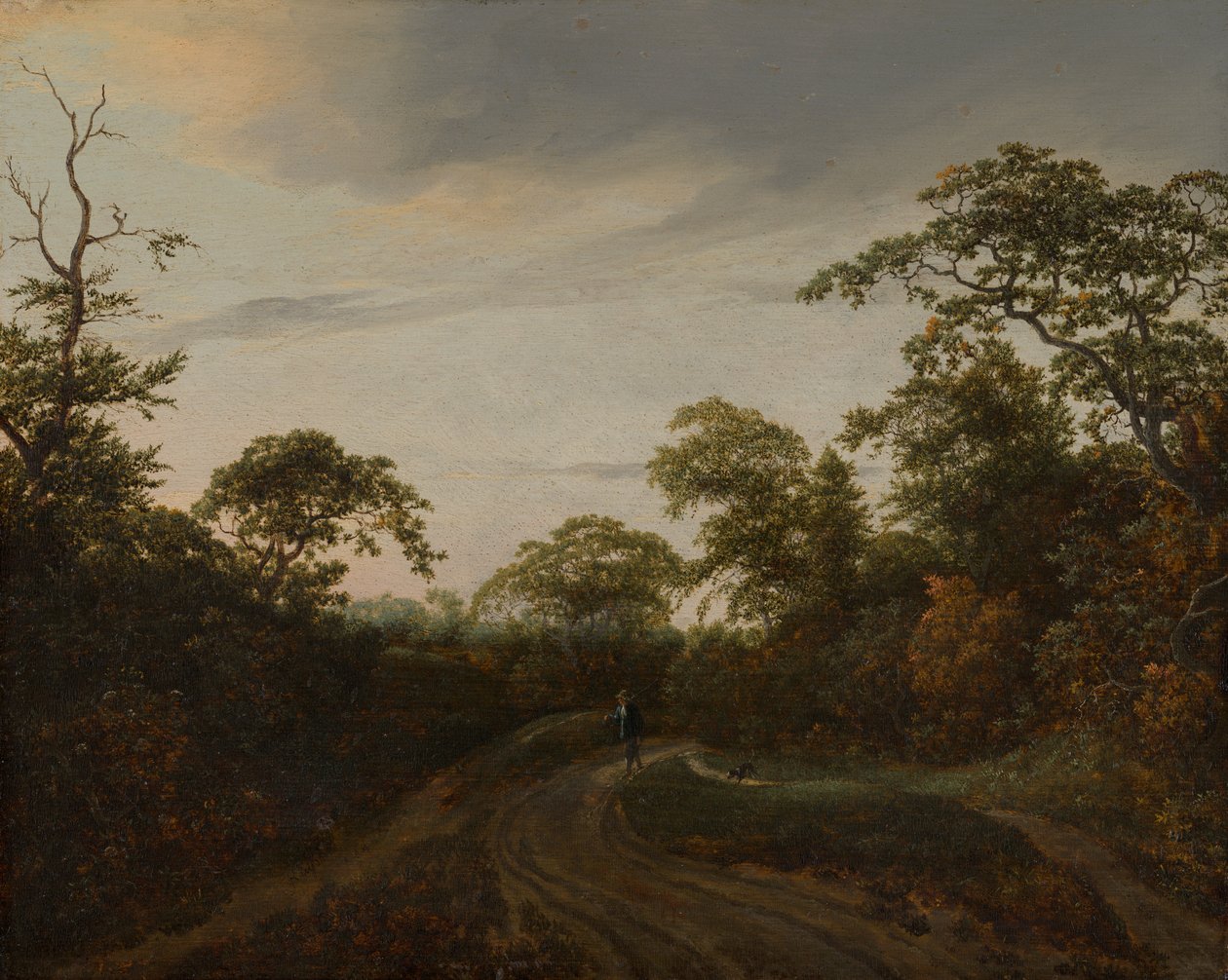 Väg genom ett skogbevuxet landskap i skymningen av Jacob van Ruisdael