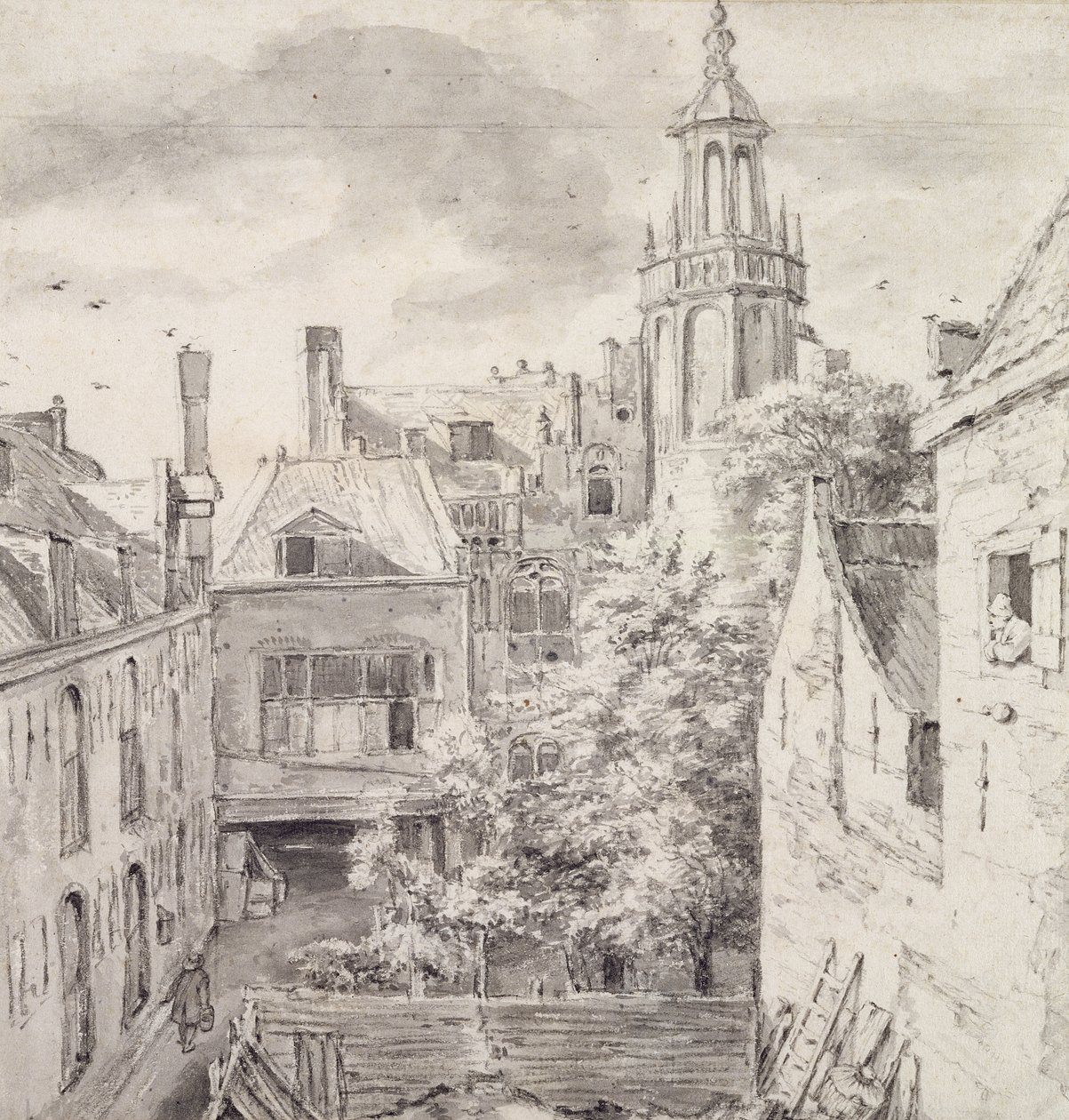 Utsikt över innergården till House of the Archers of the St. Sebastian Guild på Singel i Amsterdam (penna och tvätt på papper) av Jacob van Ruisdael