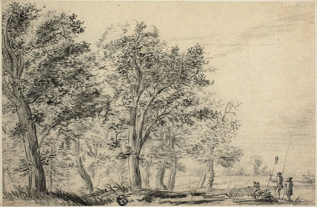 Skogbevuxen flodlandskap med tre personer som fiskar av Jacob van Ruisdael