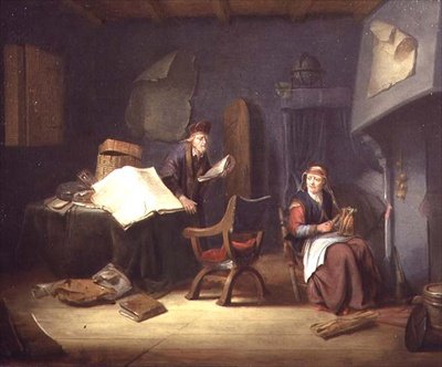 Interiör med en lärd och en gammal dam som snurrar (panel) av Jacob van Spreeuwen