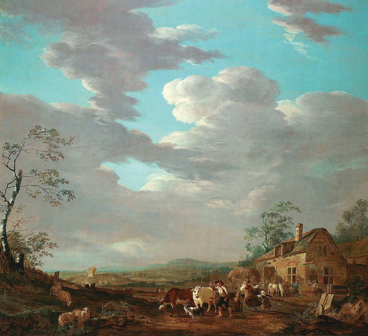 Holländska: Landskap med figurer och boskap nära ett värdshus av Jacob van Strij