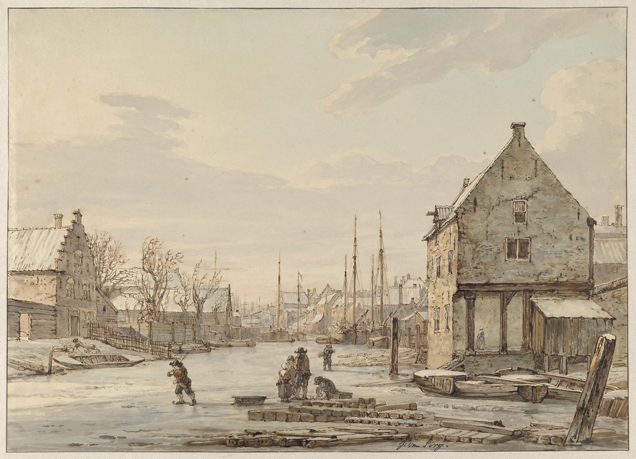 Vy vid stadsmuren i Dordrecht på vintern av Jacob van Strij