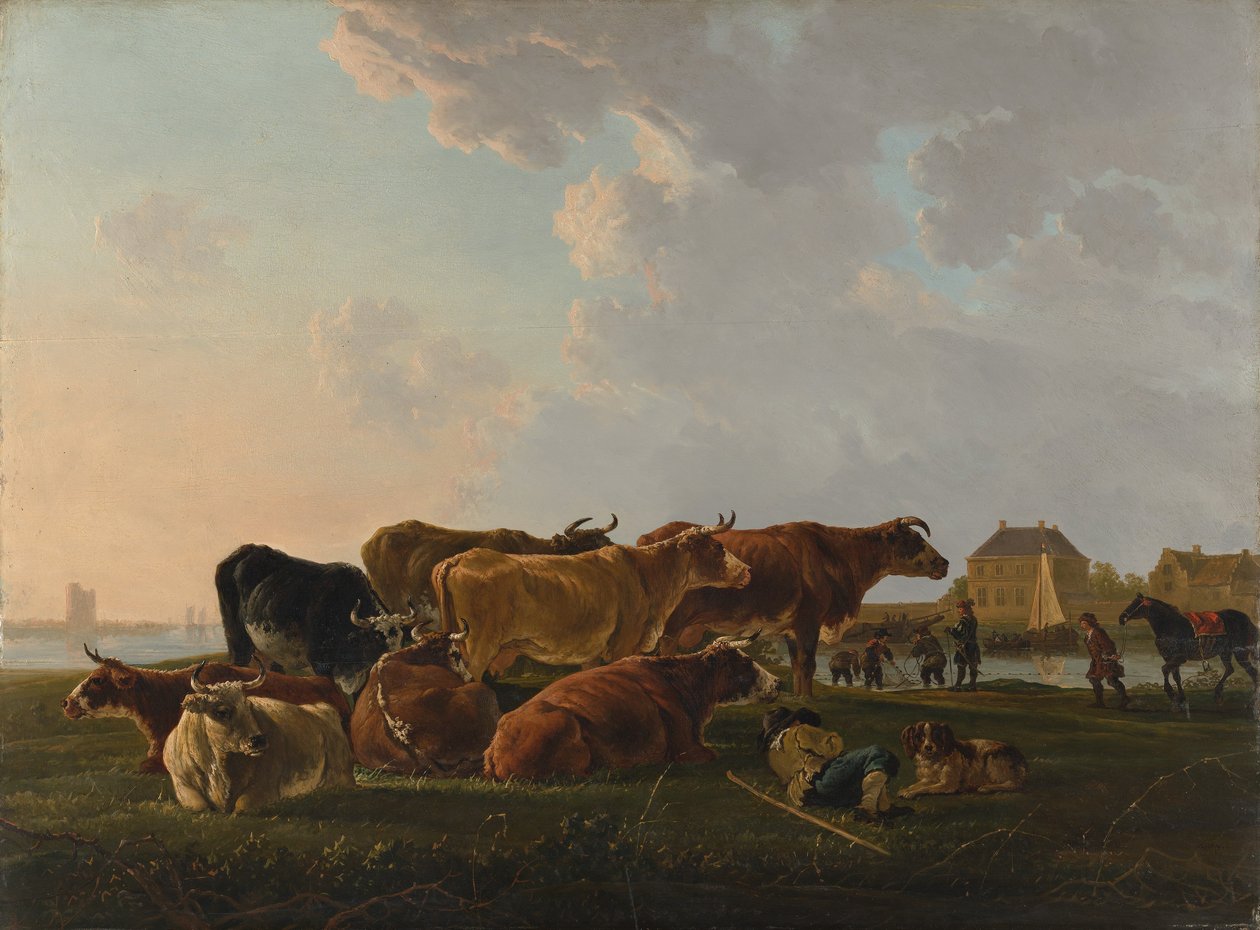Landskap med boskap, troligen ca. 1800. av Jacob van Strij