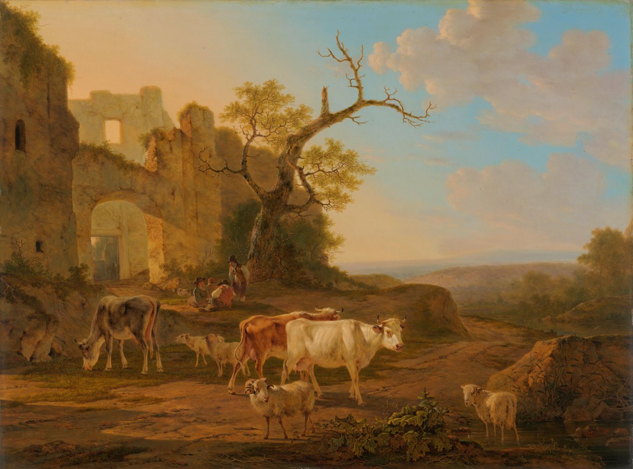 Landskap med kor nära en ruin av Jacob van Strij