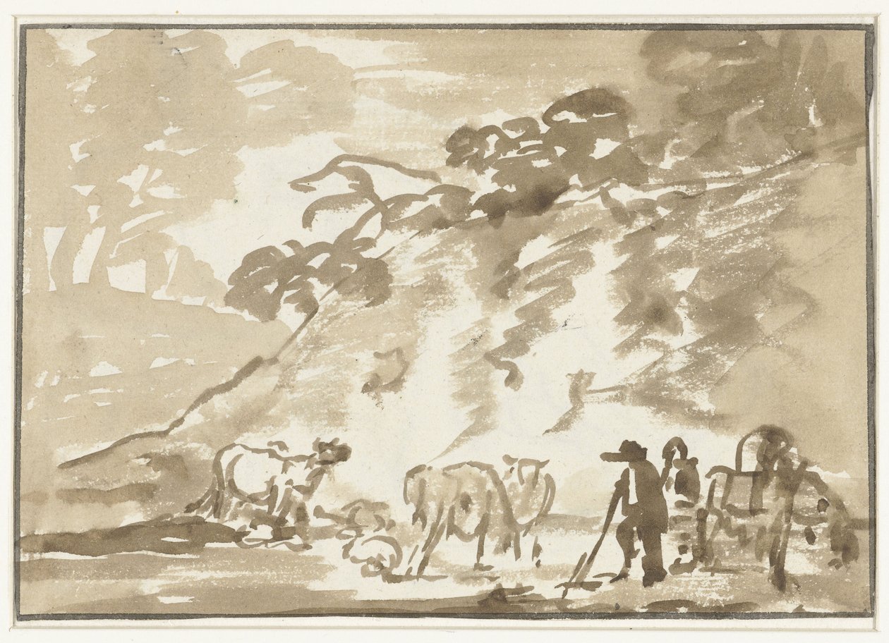 Landskap med kor och en herde av Jacob van Strij