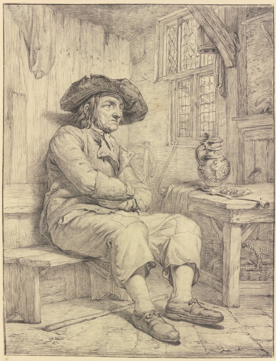Man sittande vid ett bord med en kanna och pipa av Jacob van Strij