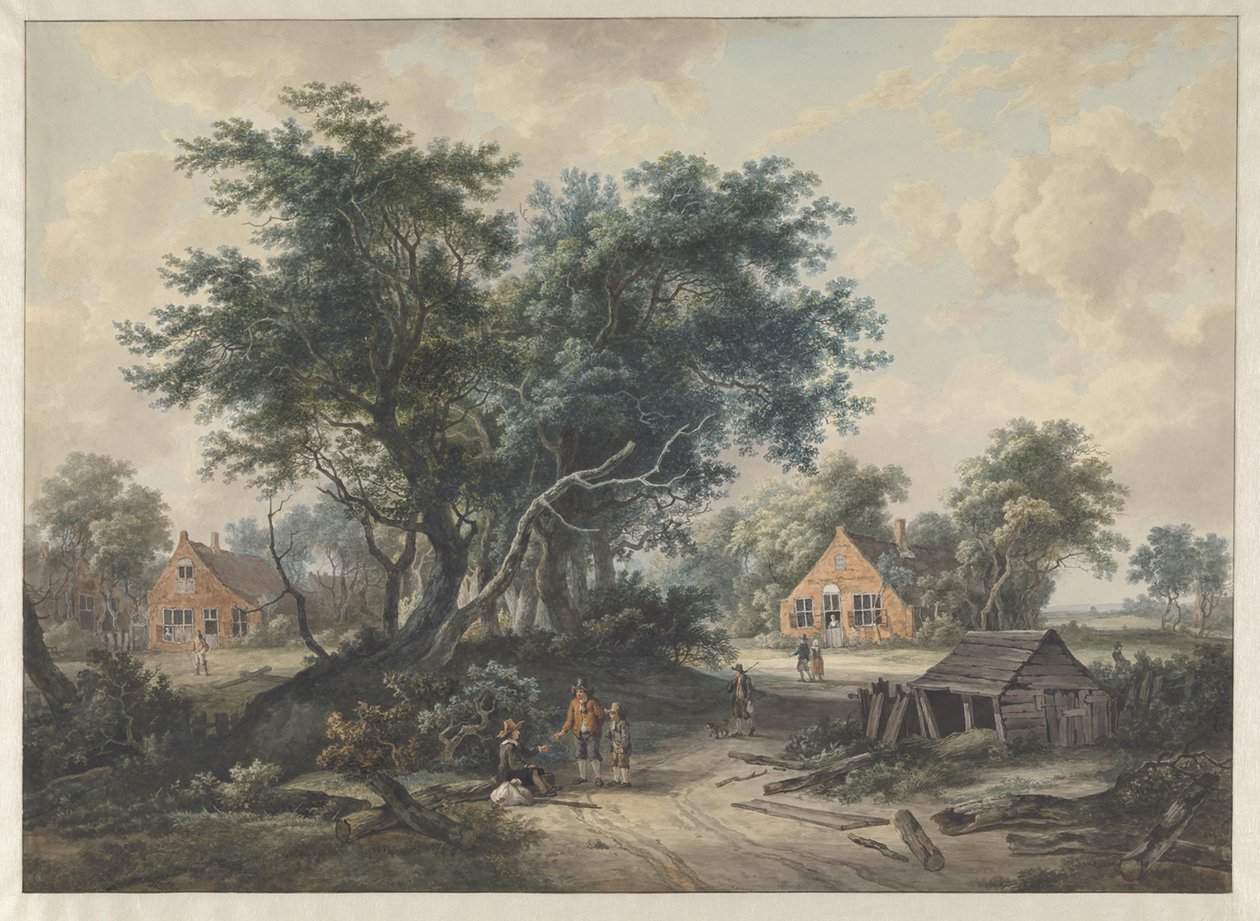Efter Hobbema. Bondgårdar vid höga träd av Jacob van Strij