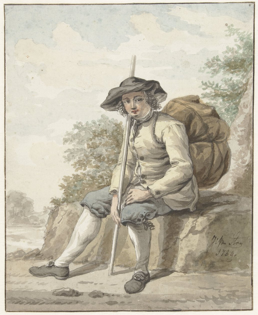 Sittande man med ryggsäck och käpp av Jacob van Strij
