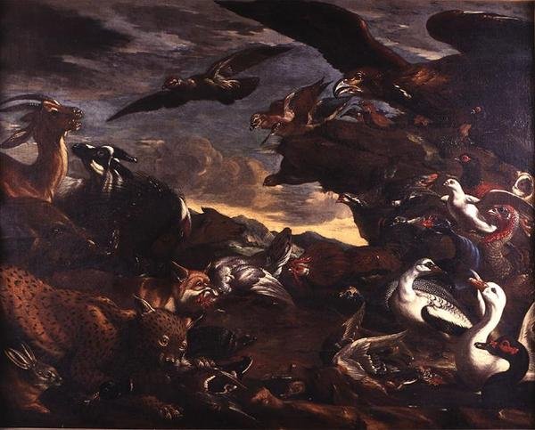 The Battle of the Birds and the Beasts (olie på lærred) swed av Jacob van der Kerckhoven