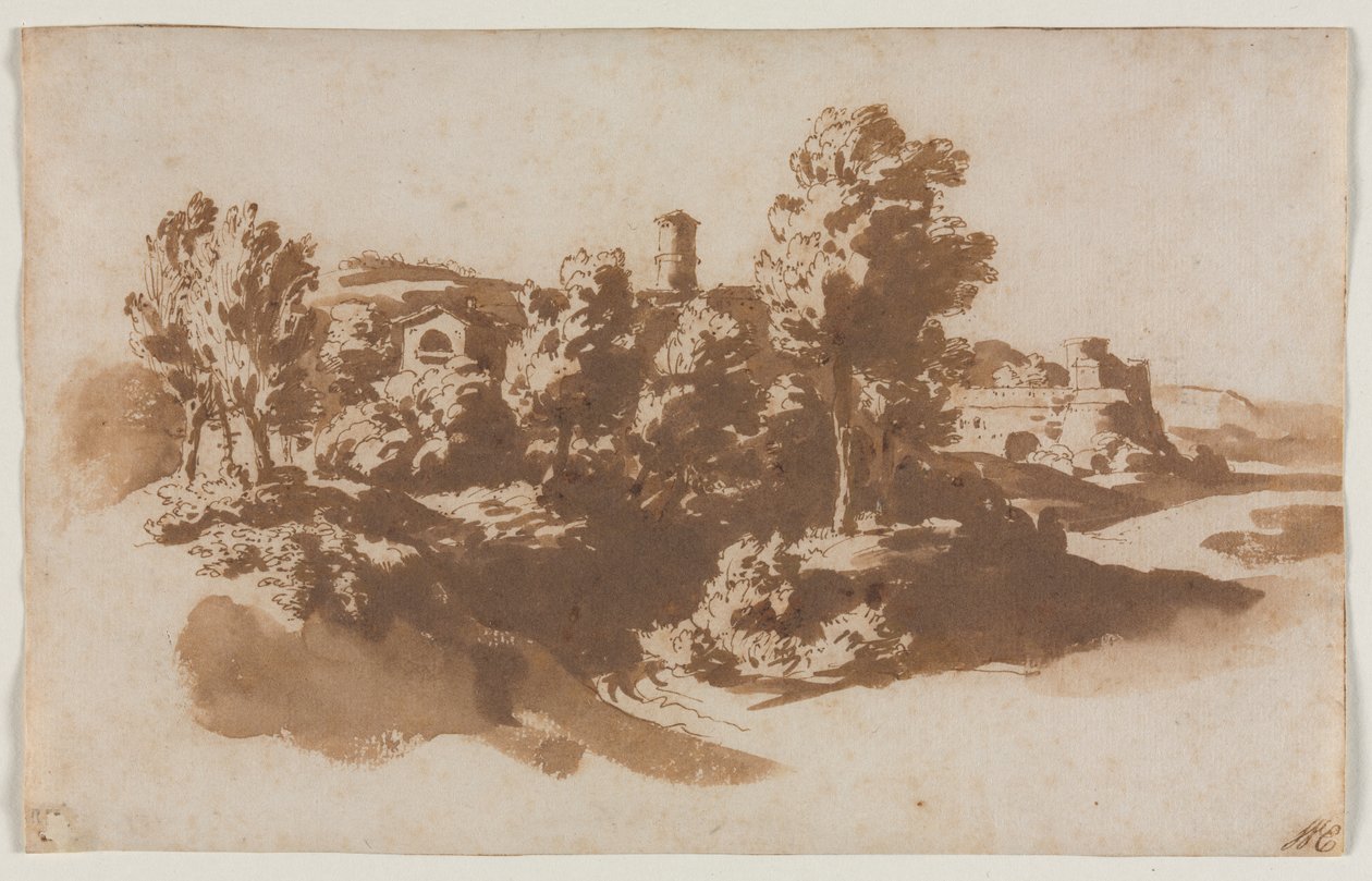Landskap med befästning mellan Marino och Frascati, ca. 1650. av Jacob van der Ulft