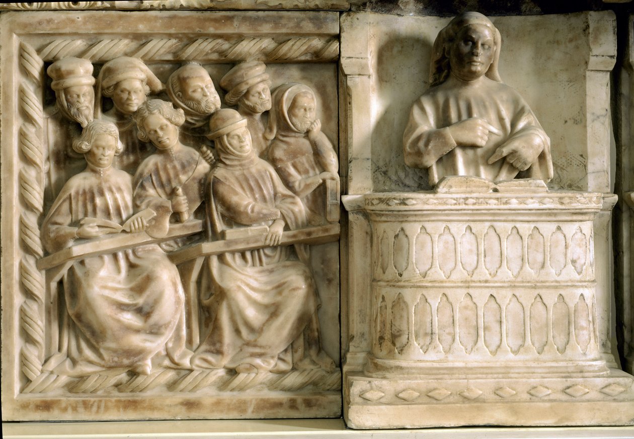 Begravningsmonument över Carlo, Roberto och Riccardo da Saliceto: studenter som går på en kurs (skulptur, ca 1403) av Jacobello and Pier Paolo dalle Masegne