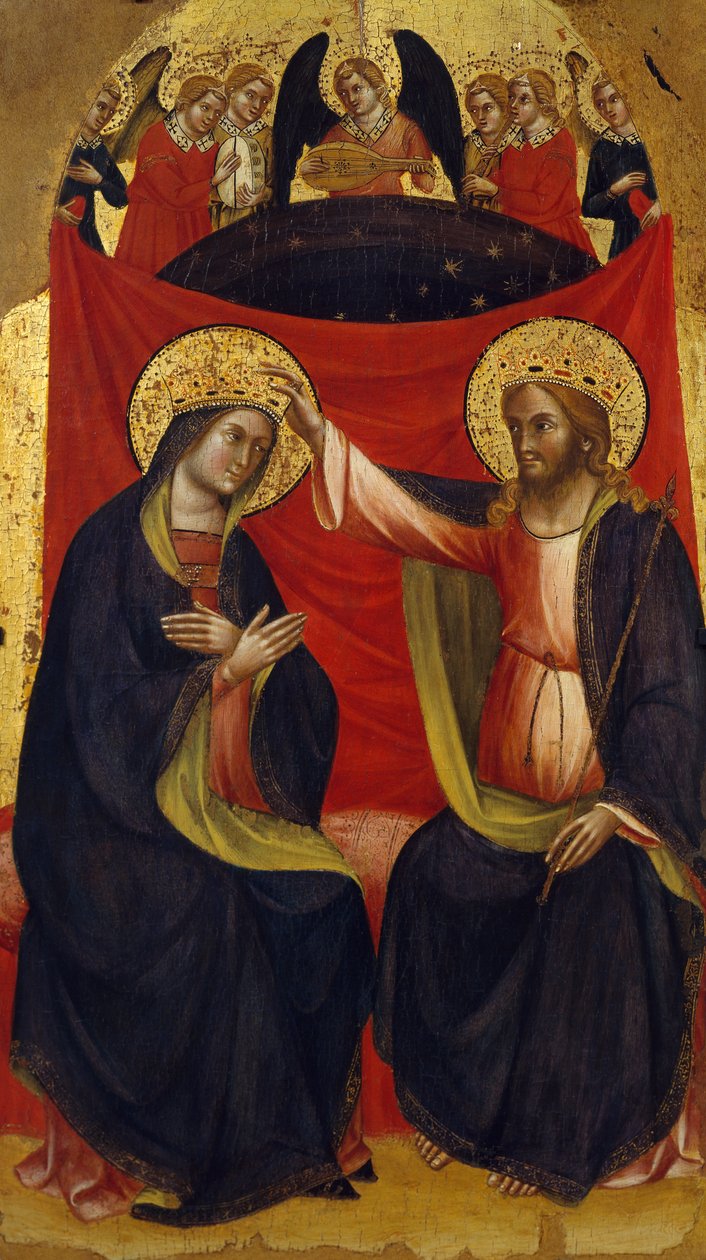 Jungfrukröning, detalj från centralpanelen av Triptyk med Jungfruns kröning och helgon av Jacobello av Bonomo (aktiv 1375-1385), panel av Jacobello di Bonomo