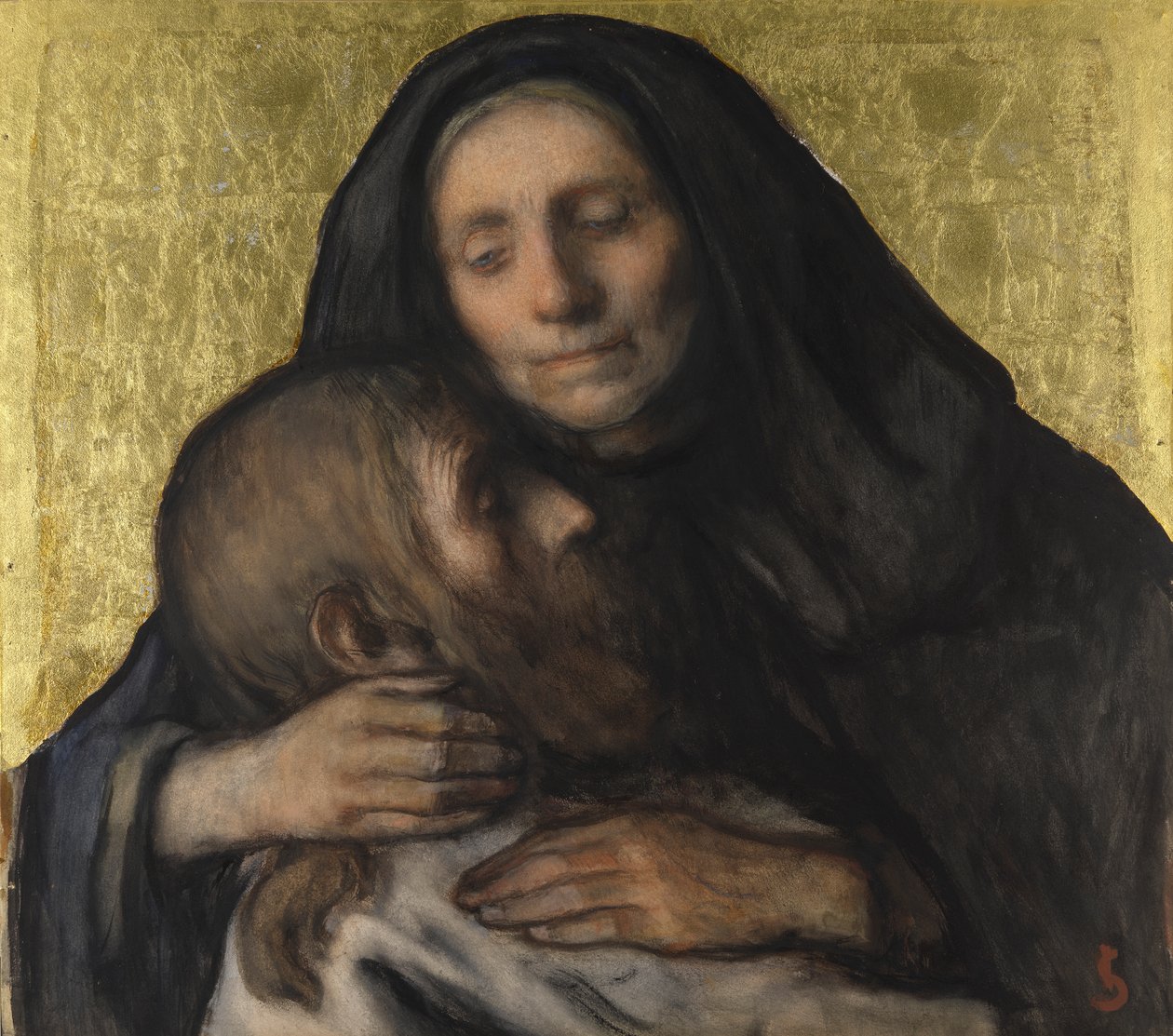 Pietà (gouache på papper med bladguld) av Jacobs Smits