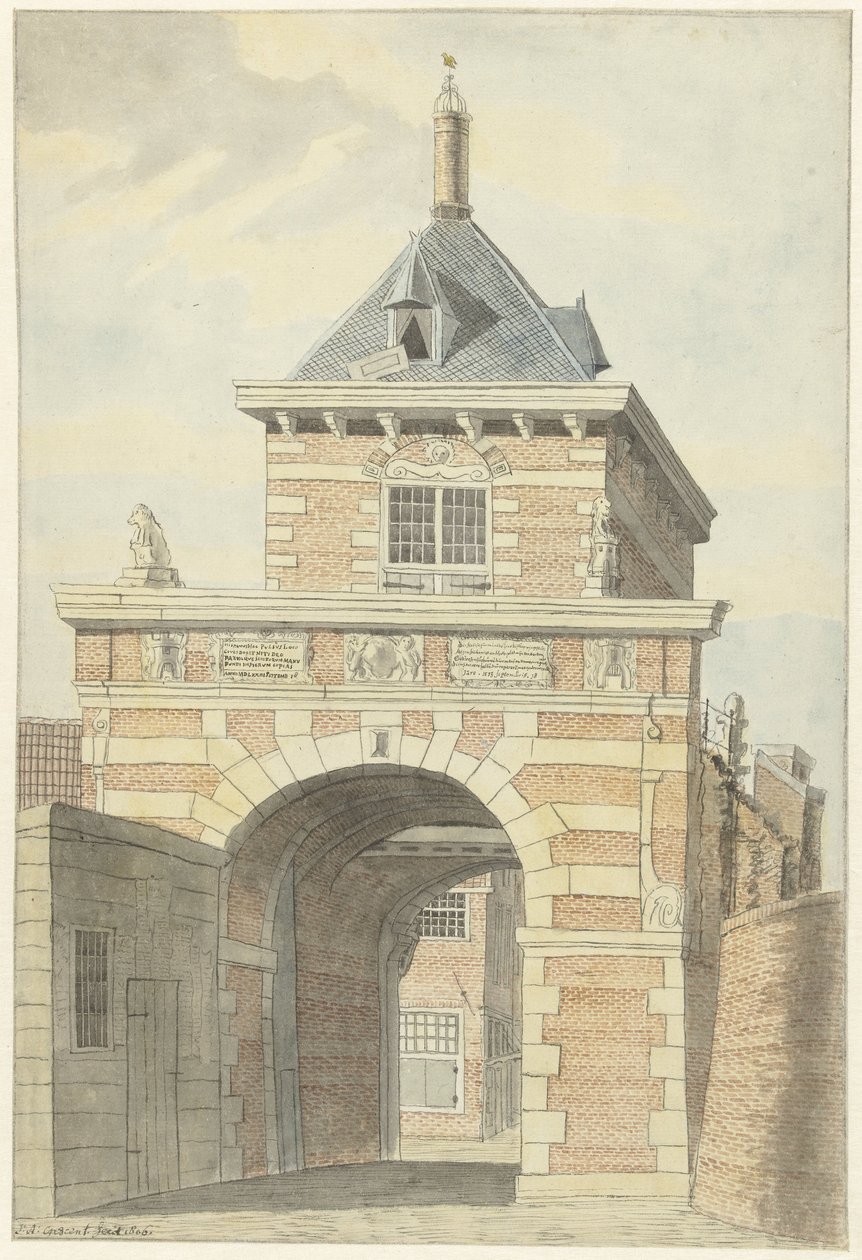 Utsikt över den gamla Vriesche Poort i Alkmaar av Jacobus Andreas Crescent