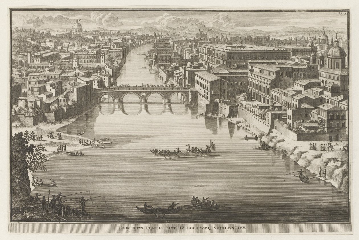 Utsikt över Rom med Ponte Sisto över floden Tibern Prospekt Pontis Sixti IV locorumq adjadentium (titel på objekt) Utsikt över Rom (serietitel) La Galerie agreable du mond (...) divisée en LXVI tomes...Cette party comprend le Rome modern av Jacobus Baptist