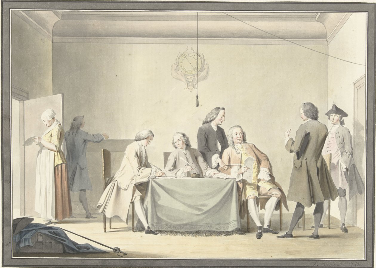 Kommissionärernas möte för att ta emot Liberale Gifte, eller 50:e medaljen, 12 september 1747 av Jacobus Buys (signed by artist)