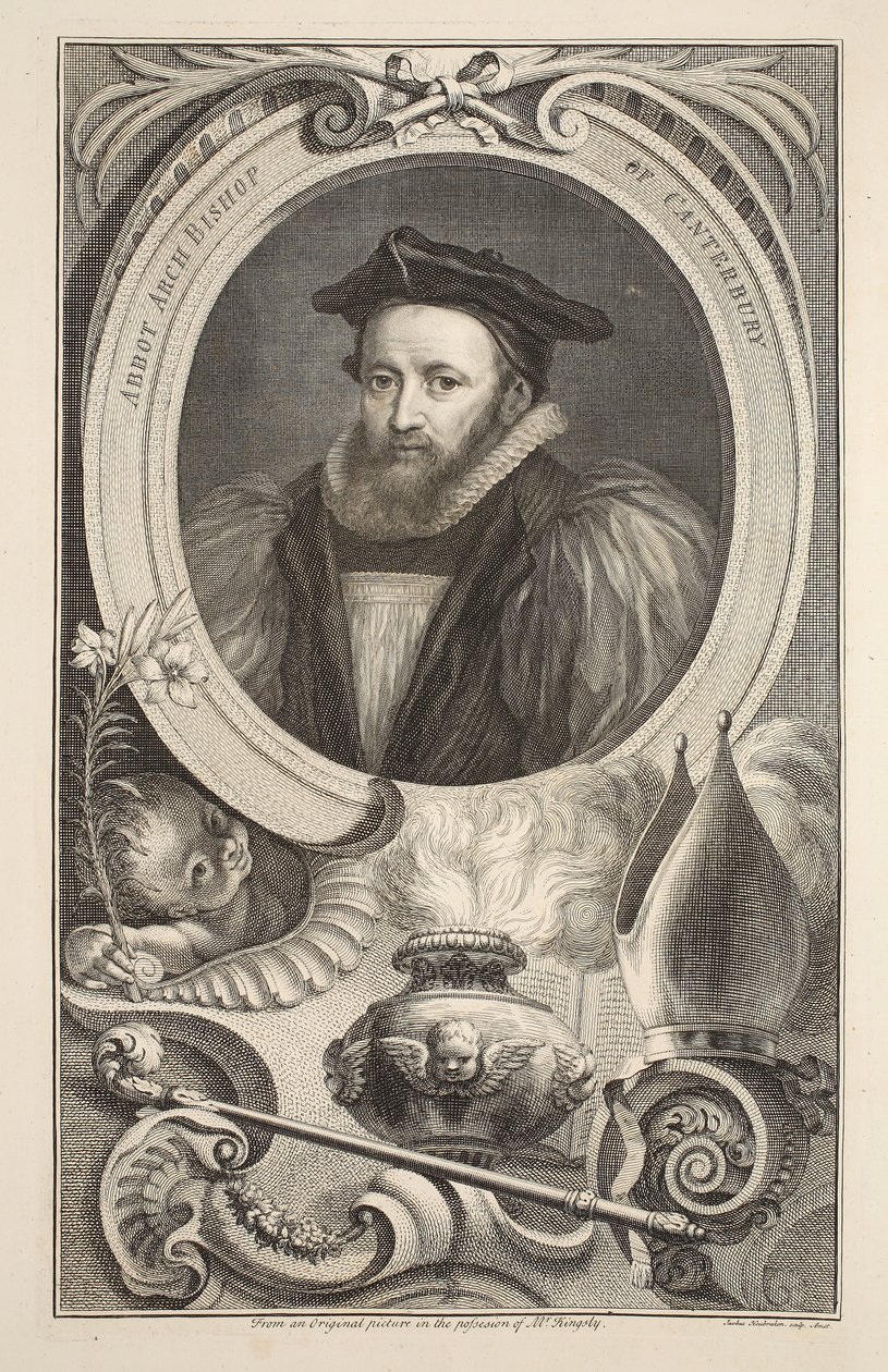 Porträtt George Abbot, ärkebiskop av Canterbury, illustration från "Heads of Illustrious Persons of Great Britain", utgiven av Knapton, London 1742. av Jacobus Houbraken