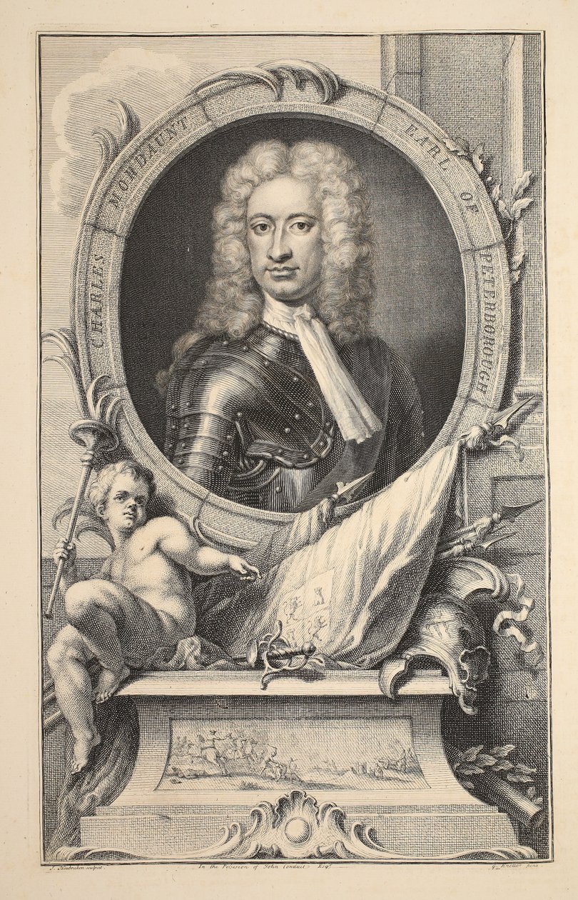 Porträtt av Charles Mordaunt, earl av Peterborough, illustration från "Heads of Illustrious Persons of Great Britain", pub. av Knapton, London 1742 av Jacobus Houbraken