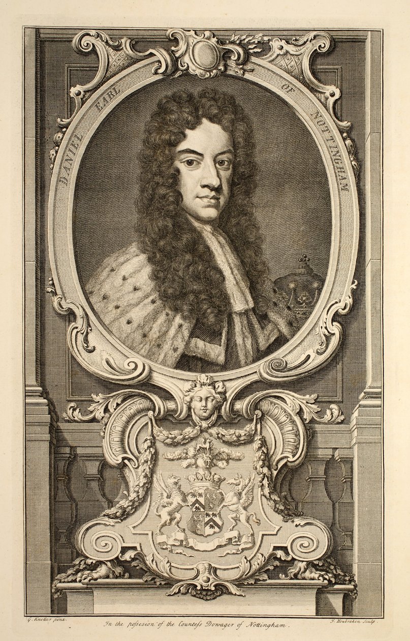 Porträtt av Daniel, Earl of Nottingham, illustration från "Heads of Illustrious Persons of Great Britain", pub. av Knapton, London 1742 (gravyr) av Jacobus Houbraken