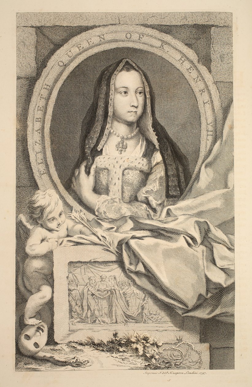 Porträtt av Elizabeth, drottning av Henry VII, illustration från "Heads of Illustrious Persons of Great Britain", pub. av Knapton, London 1742 av Jacobus Houbraken