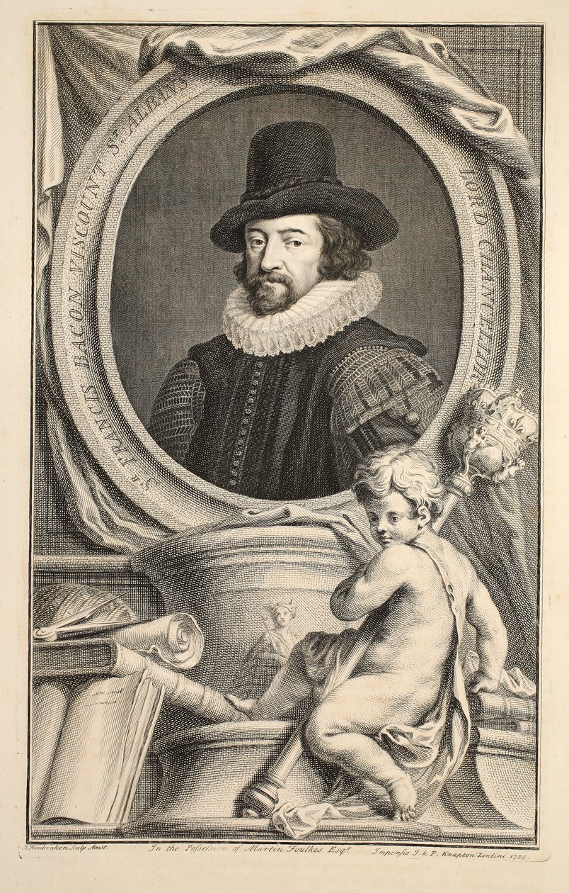 Porträtt av Francis Bacon, Viscount av St Albans, illustration från "Heads of Illustrious Persons of Great Britain", pub. av Knapton, London 1742 av Jacobus Houbraken