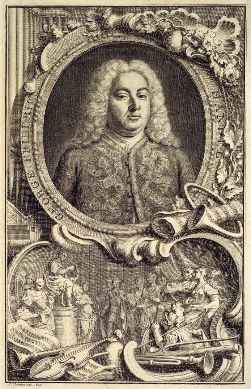 Porträtt av G.F. Handel, inskriven med titeln "Israel in Egypt", publicerad i London av Jacobus Houbraken