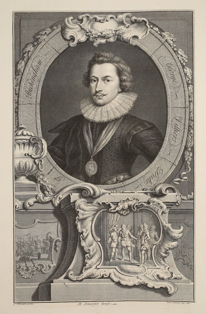 Porträtt av George Villiers, hertig av Buckingham, illustration från "Heads of Illustrious Persons of Great Britain", pub. av Knapton, London 1742 av Jacobus Houbraken
