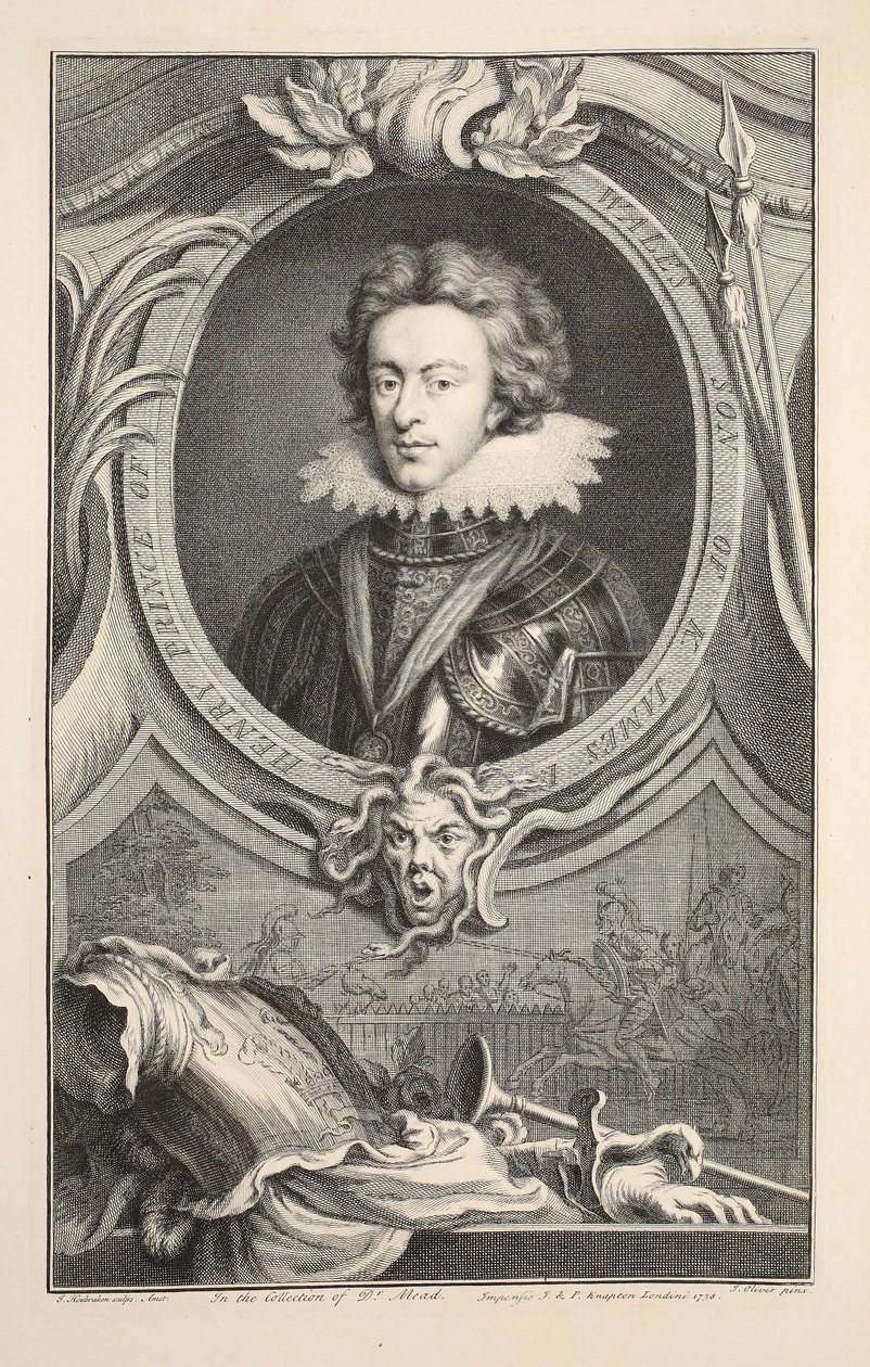 Porträtt av Henry, Prince of Wales, illustration från "Heads of Illustrious Persons of Great Britain", pub. av Knapton, London 1742 av Jacobus Houbraken