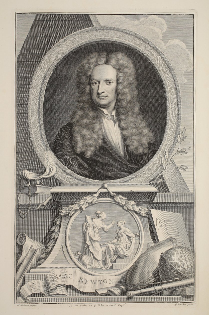 Porträtt av Isaac Newton, illustration från "Heads of Illustrious Persons of Great Britain", pub. av Knapton, London 1742 av Jacobus Houbraken