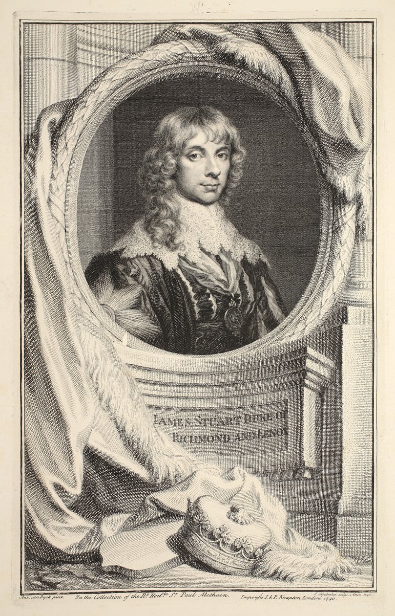 Porträtt av James Stuart, hertig av Richmond och Lennox, illustration från "Heads of Illustrious Persons of Great Britain", pub. av Knapton, London 1742 av Jacobus Houbraken