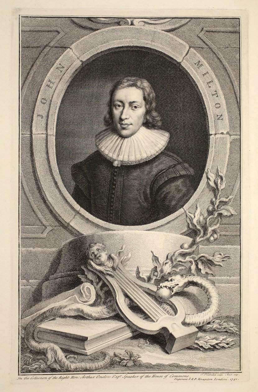 Porträtt av John Milton, illustration från "Heads of Illustrious Persons of Great Britain", pub. av Knapton, London 1742 av Jacobus Houbraken