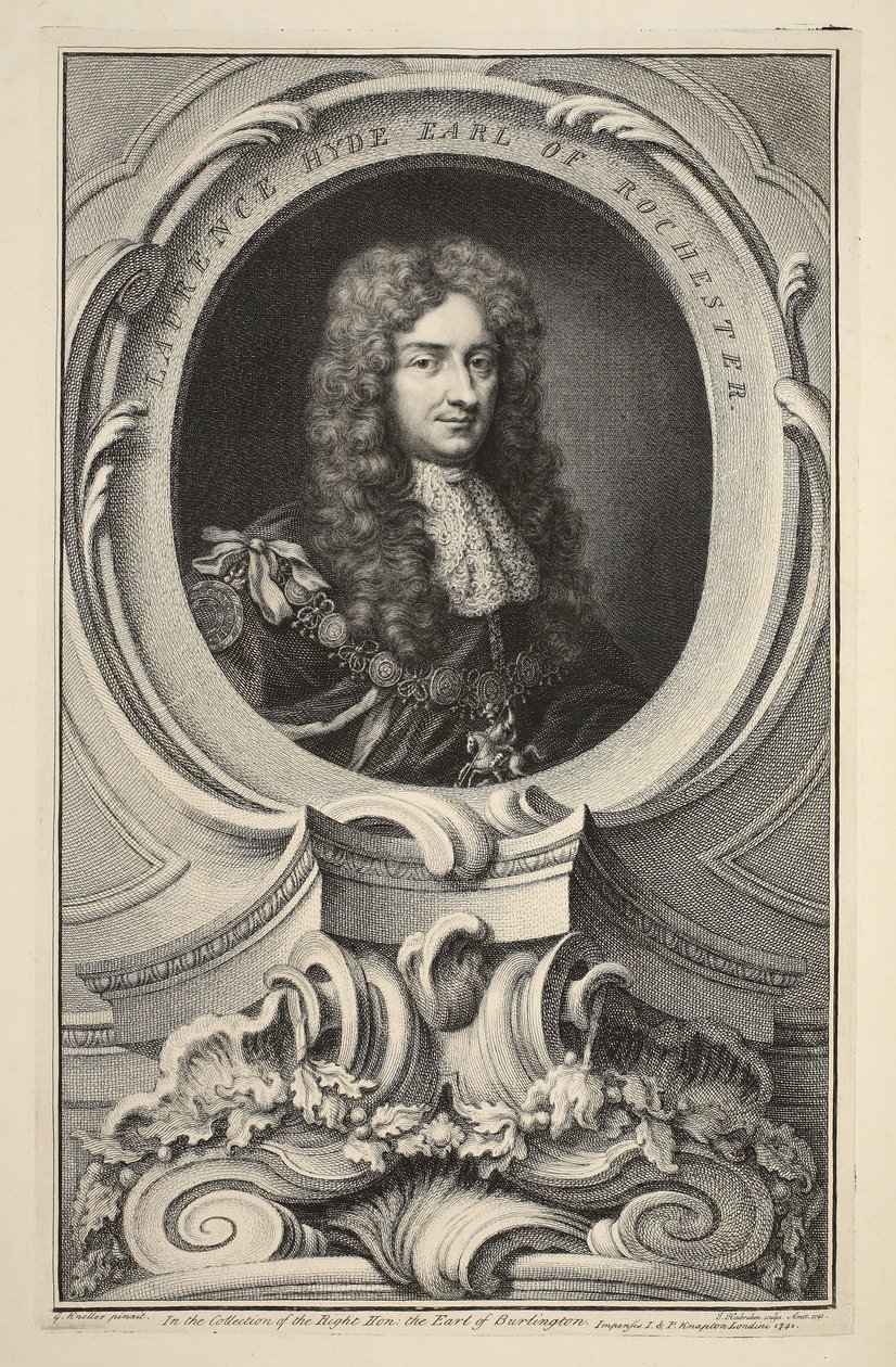 Porträtt av Laurence Hyde, Earl of Rochester, illustration från "Heads of Illustrious Persons of Great Britain", pub. av Knapton, London 1742 av Jacobus Houbraken