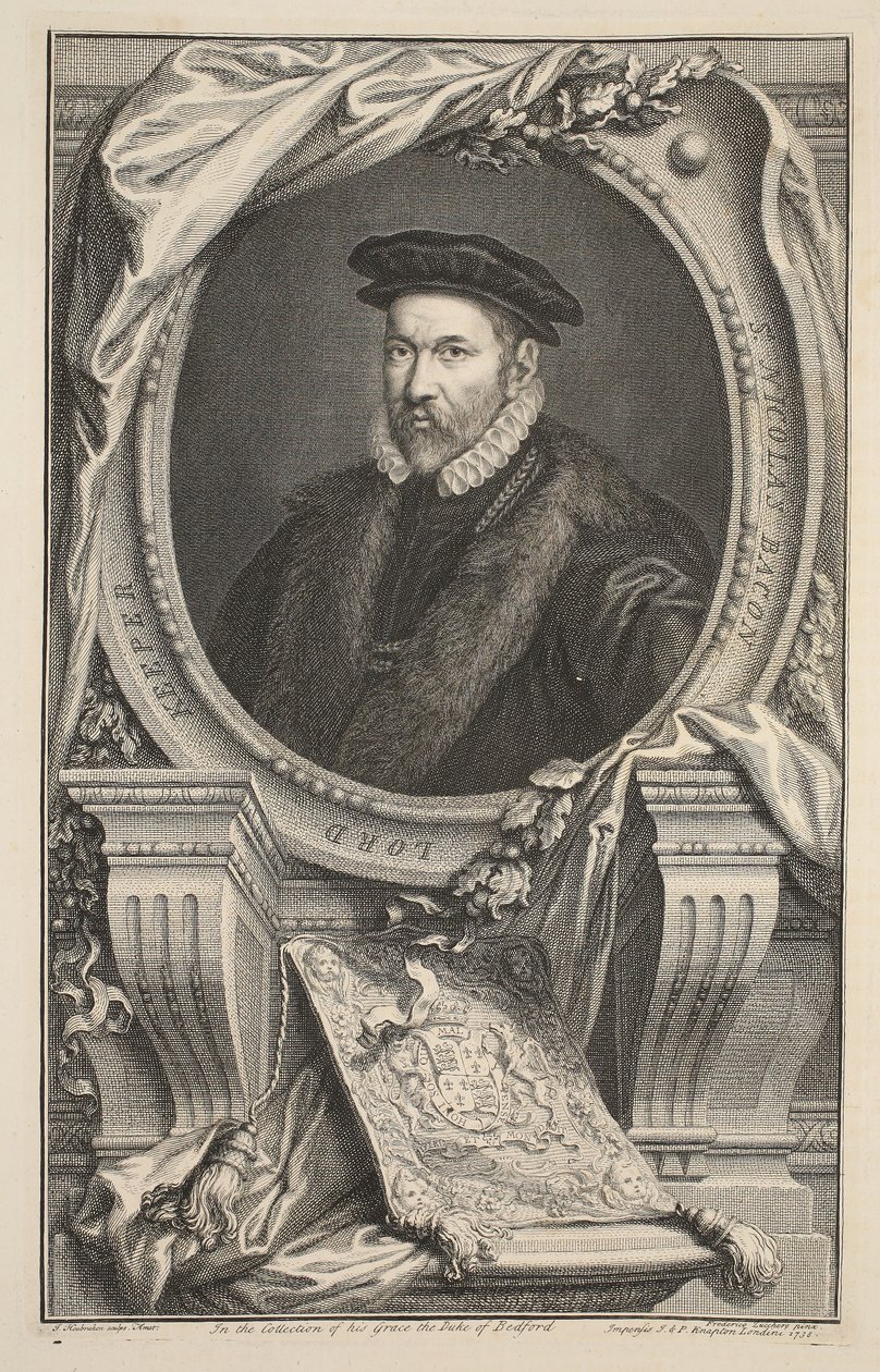 Porträtt av Nicholas Bacon, illustration från "Heads of Illustrious Persons of Great Britain", pub. av Knapton, London 1742 av Jacobus Houbraken