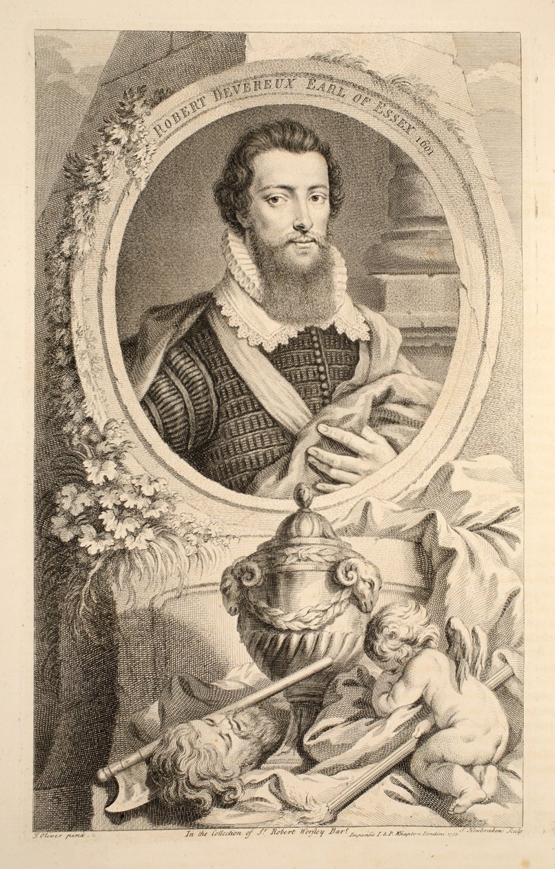 Porträtt av Robert Devereux, Earl of Essex, 1601, illustration från "Heads of Illustrious Persons of Great Britain", pub. av Knapton, London 1742 av Jacobus Houbraken
