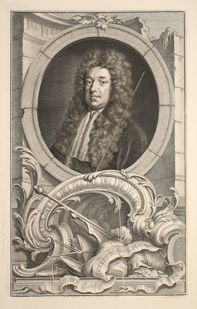 Porträtt av Sidney, Earl of Godolphin, illustration från "Heads of Illustrious Persons of Great Britain", pub. av Knapton, London 1742 av Jacobus Houbraken