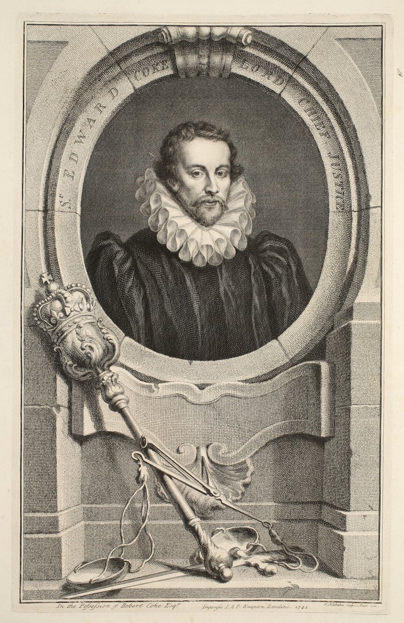 Porträtt av Sir Edward Coke, Lord Chief Justice, illustration från "Heads of Illustrious Persons of Great Britain", utgiven av Knapton, London 1742. av Jacobus Houbraken