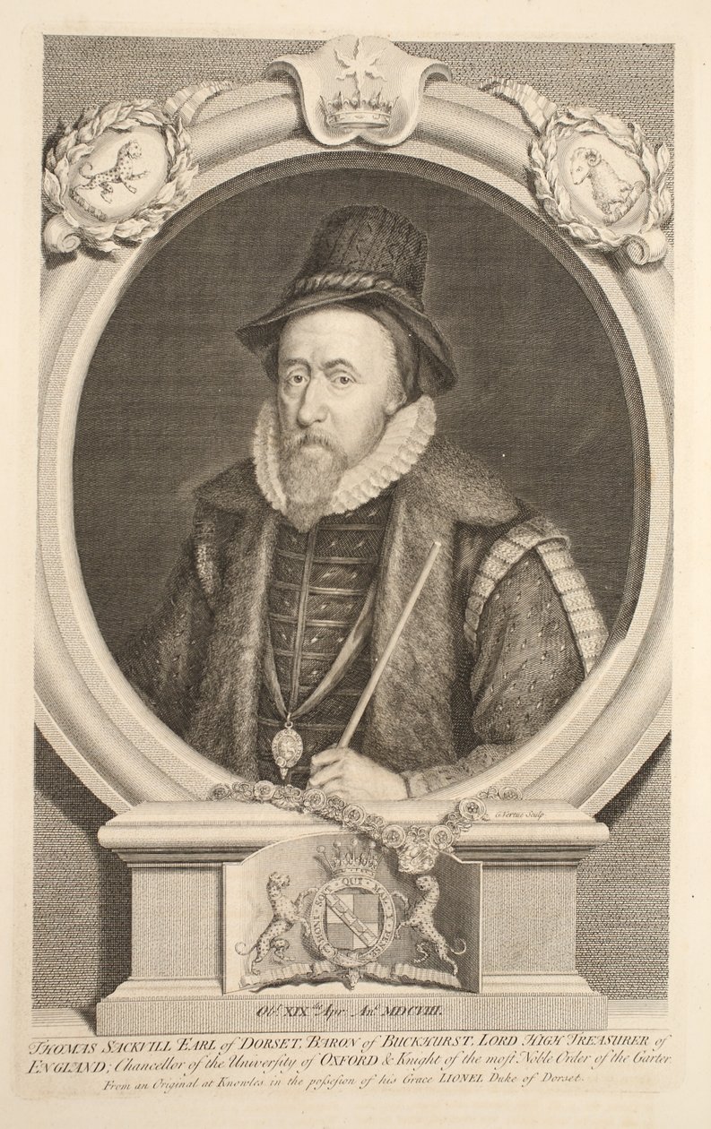 Porträtt av Thomas Sackville, earl av Dorset, baron av Buckhurst, illustration från "Heads of Illustrious Persons of Great Britain", pub. av Knapton, London 1742 av Jacobus Houbraken