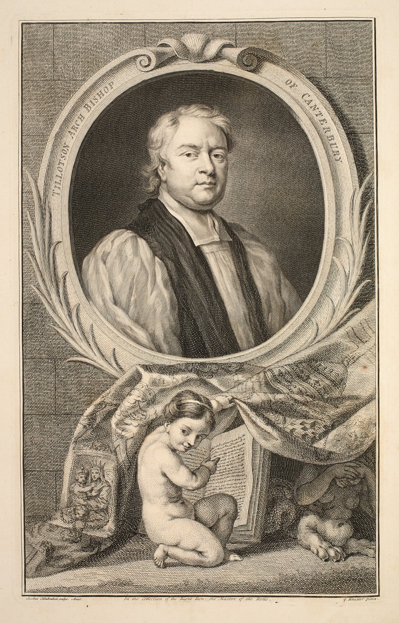 Porträtt av Tillotson, ärkebiskop av Canterbury, illustration från "Heads of Illustrious Persons of Great Britain", pub. av Knapton, London 1742 av Jacobus Houbraken
