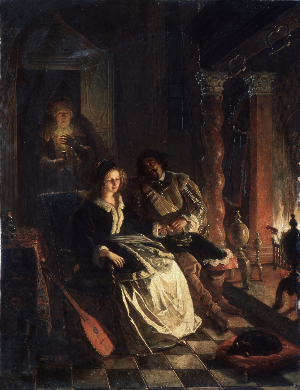 ""Le Rendez vous"" (Rendezvous) Scen av förförelse, en ung flicka uppvaktad av en gentleman som förklarar sin kärlek till henne vid brasan. Målning av Jacob Joseph Eckhout (1793-1861) 1852 Vitryska republikens statliga konstmuseum, Minsk, Vitryssland av Jacobus Josephus Eeckhout