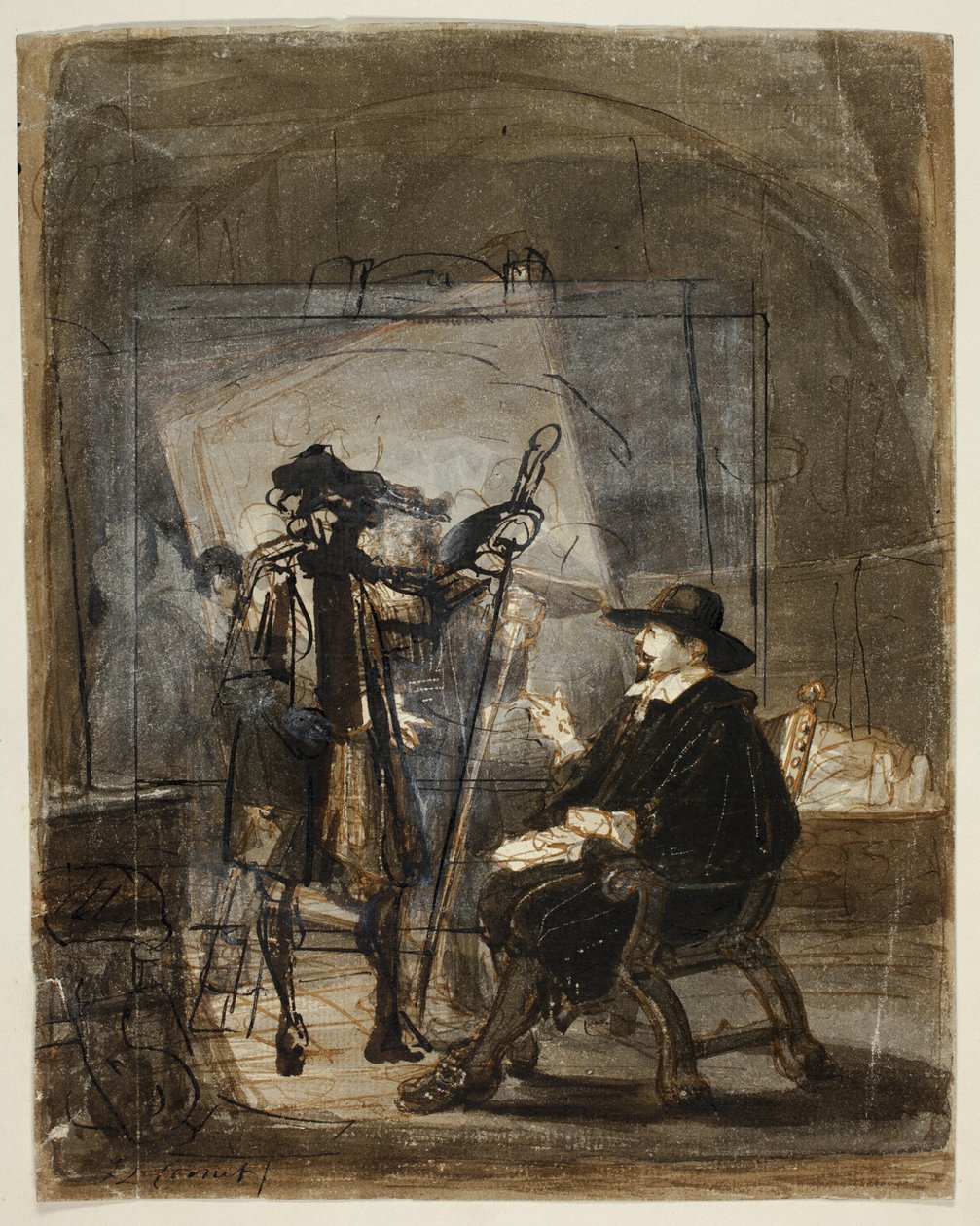Dr Nicholas Tulp i Rembrandts ateljé (recto); Scen ur Rembrandts liv () (verso) av Jacobus Ludovicus Cornet