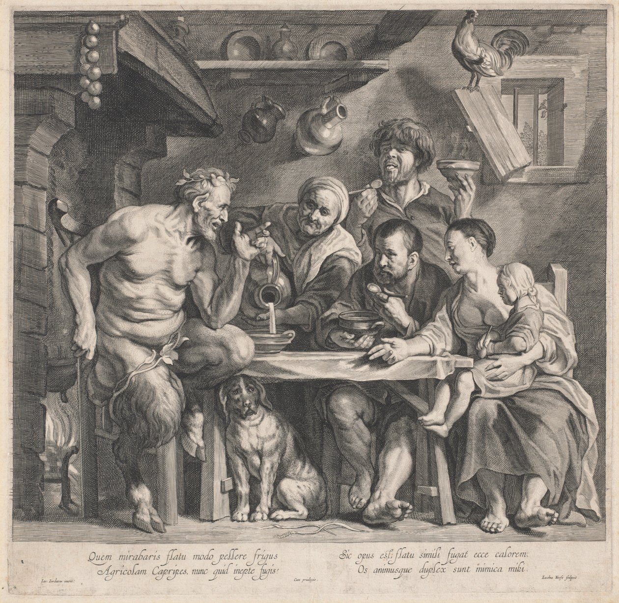 En satyr på besök hos en bondfamilj av Jacobus Neeffs, after Jacob Jordaens