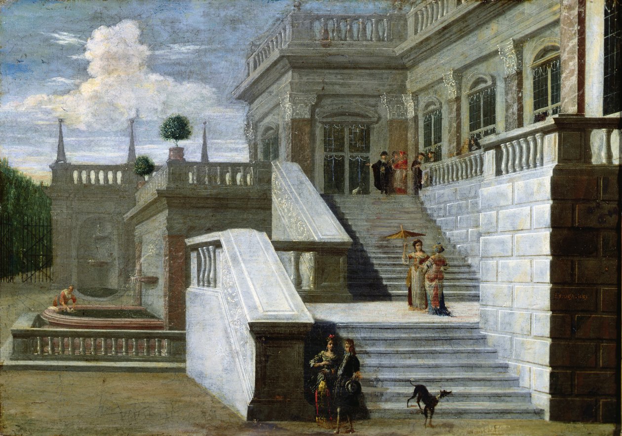 Italienskt palats med trappor (olja på duk) av Jacobus Saeys